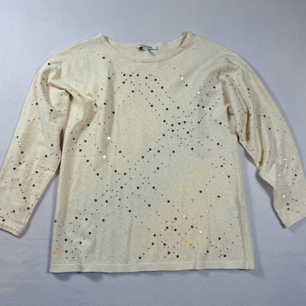 Chicos Sweater Womens‎ 1 Medium Cream Sequin Metallic Diamond Knit Bling Shiny